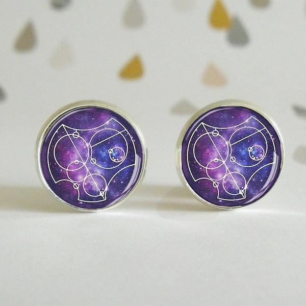 Stud earrings - I Love You, in Gallifreyan language - Dr Who - Glass Dome Cabochon - Wedding - Geek Gift - Blue - Violet