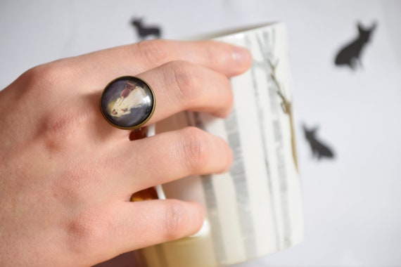 Friends Adjustable Ring Cat Bird Funny Cute Jewel Black And White Minimal Pretty Cartoon