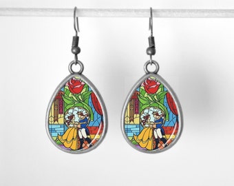 Beauty and the Beast - drop earrings in silver metal- Glass dome cabochon -  Disney - Colorful - Geek Bookish nerd gift - Romantic