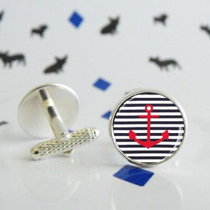 Navy - Cufflinks - Tie Clip - Nautical - Anchor - Gift set for man - Men&#39;s jewellery - Stripes - Minimal - Graphic