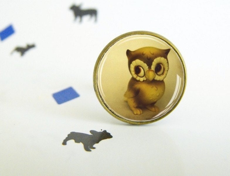 Bague Le Hibou Victor - Bague cabochon ajustable - Bijou féminin - Mignon - Chouette - Jaune 