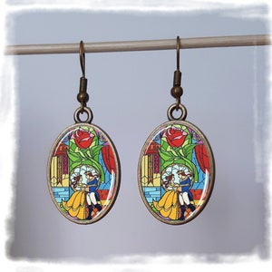 Beauty and the Beast - Oval earrings - Glass dome cabochon - Stained Glass - Disney - Colorful - Geek Bookish nerd gift - Romantic