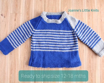 READY to ship, Grey and Blue striped pullover, asymmetrical sleeve sweater for baby boy, 12-18 month, handmade knit sweater.