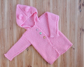 Made to Order, Baby Girl Bear Sweater, full length sleeves and a hood with bear ears