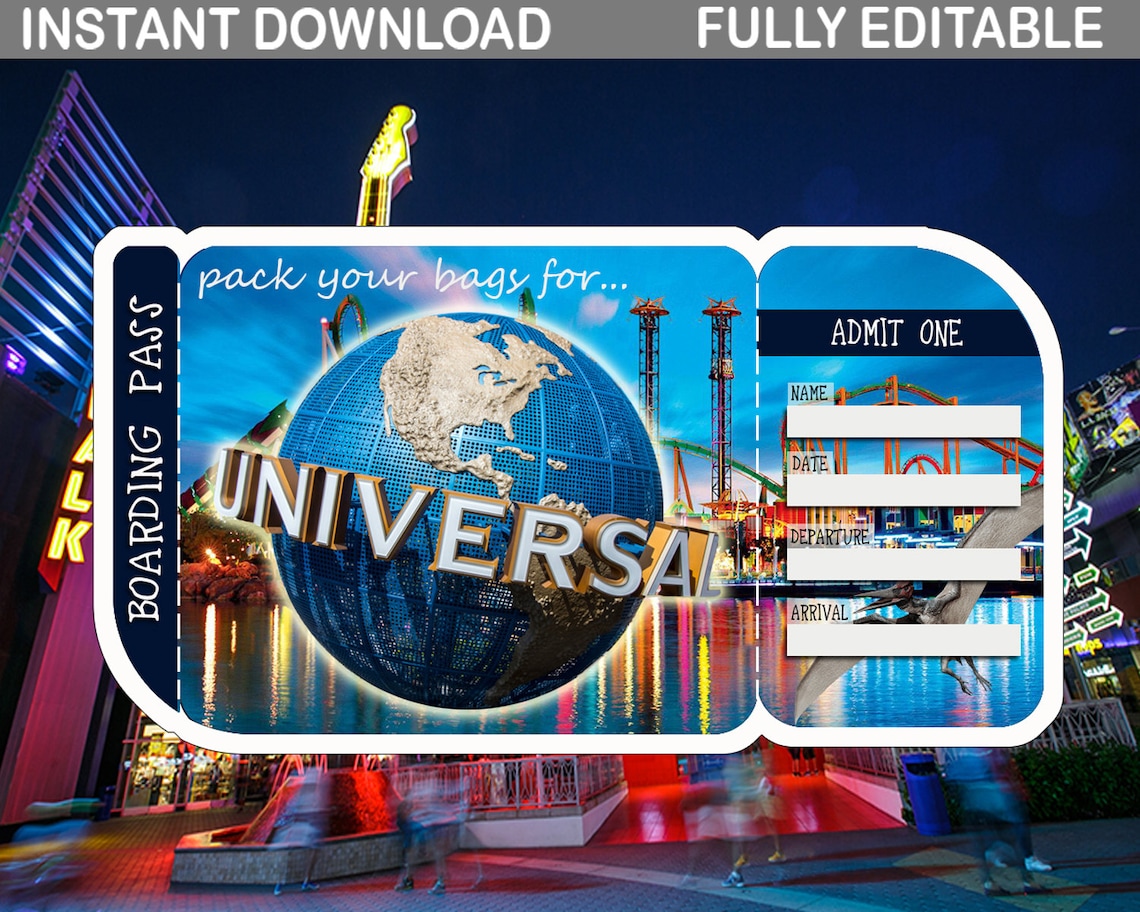 universal studio printable ticket universal studio theme park etsy
