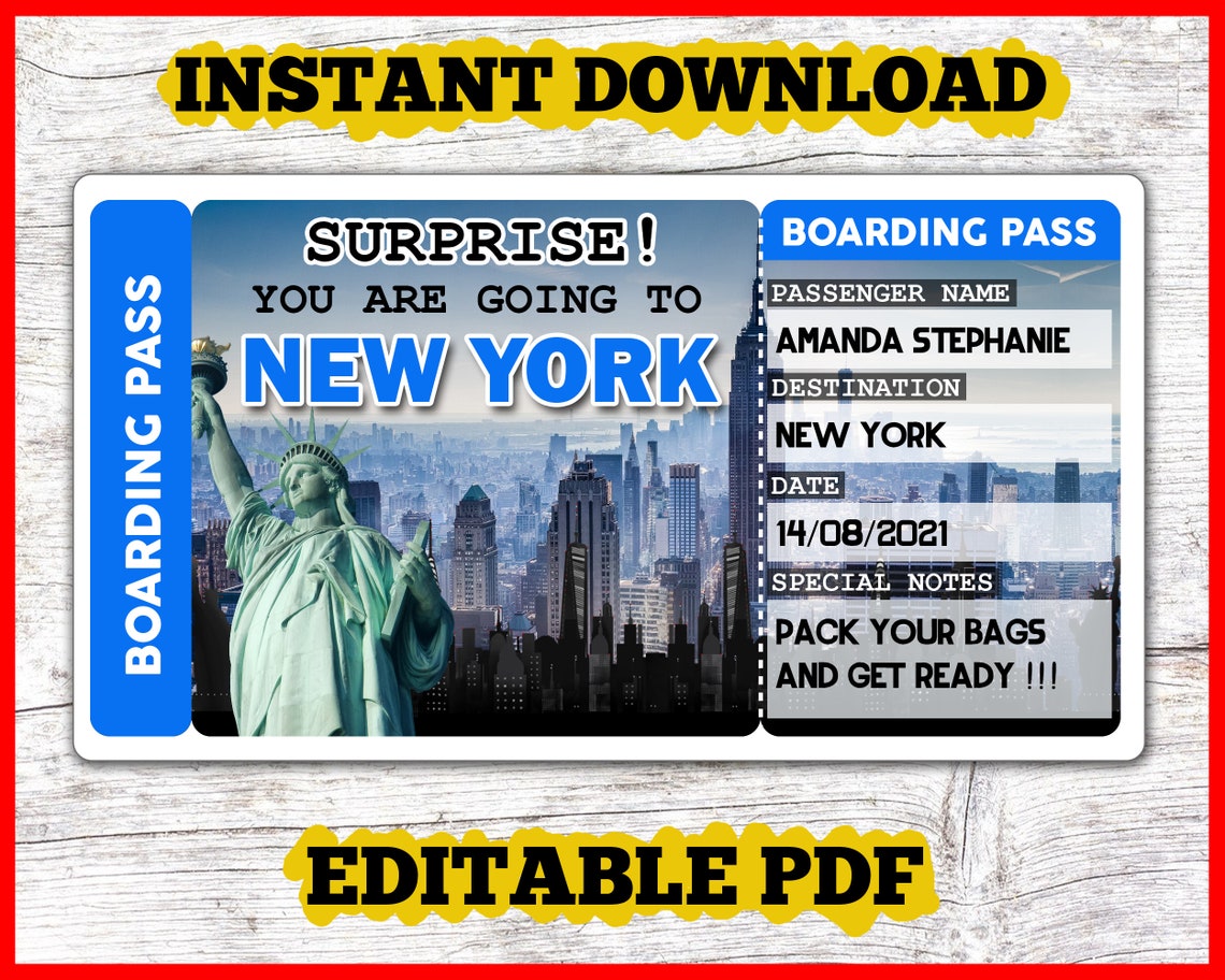Printable Ticket to New York Boarding Pass Customizable Etsy