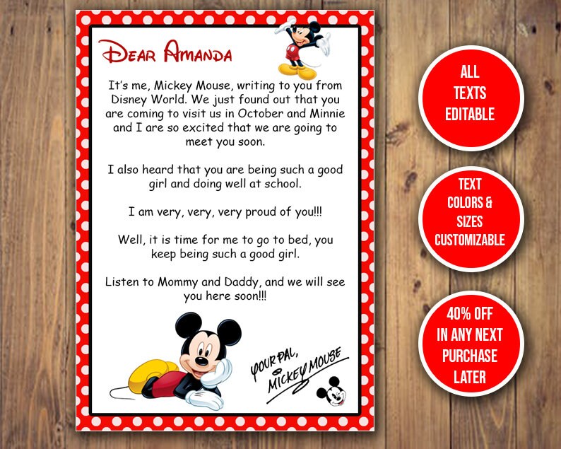 Letter from Mickey Mouse Letter Printable Disney world message | Etsy