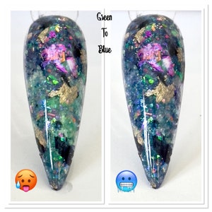 May include: Two nail art samples showcasing a color-changing effect. The left sample is green, transitioning to blue on the right. Both feature gold leaf and iridescent flakes. The text "Green To Blue" is visible.