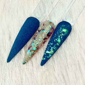 Blue flake nail dip. Blue green nail dip.  Blue trio nail dip. Matching nail dip.Trio nailing dip. Chameleon flake dip. Drama Free Zone