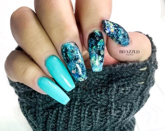 Teal Opal Dream dip. Gunmetal nail dip. Glitter nail dip. glitter and foil dip. Unique nail dip.
