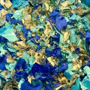May include: A close-up of a mixture of blue, green, and gold glitter. The glitter is scattered randomly and appears to be made of small, irregular pieces.