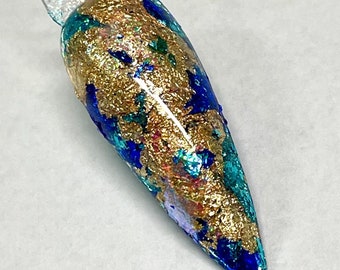 Boulder Opal nail dip. Foil nail dip. Gold foil nail dip. Gold and blue foil nail dip. Aqua and gold foil nail dip.