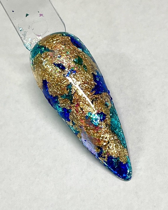Boulder Opal nail dip. Foil nail dip. Gold foil nail dip. Gold and blue foil nail dip. Aqua and gold foil nail dip.