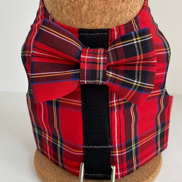 Red tartan plaid dog harness