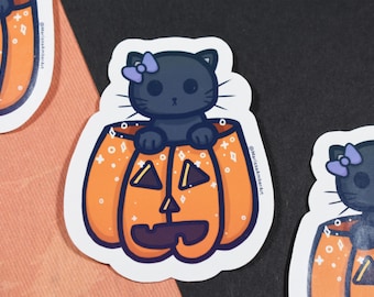Cat in Pumpkin Die Cut Vinyl Sticker | 3 in Glossy Waterproof Decal