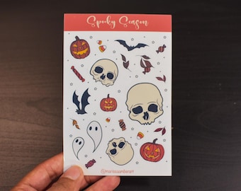 Spooky Season Glossy Kiss-Cut Sticker Sheet | Skull, Pumpkin, Bats Vinyl Decal