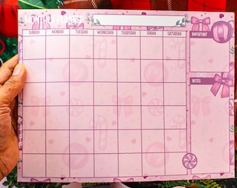 Handmade Pink Winter Holiday Coquette Monthly Planner Notepad | 8.5in x 11in | 24 Sheets Tear-Away | Christmas Stationery