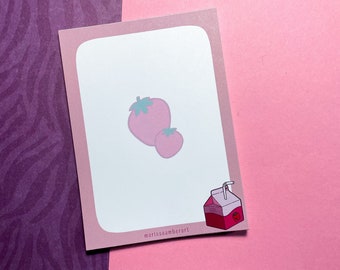 Bloc de notas de fresa rosa con leche, hecho a mano / 10,8 x 14 cm / 50 hojas desprendibles / Papelería Kawaii