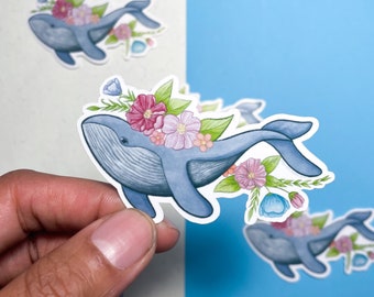 Floral Blue Whale Die Cut Vinyl Sticker | 3 in Glossy Waterproof Decal