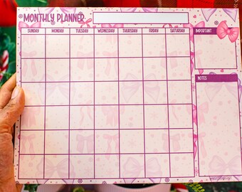Handmade Pink Winter Holiday Bows Monthly Planner Notepad | 8.5in x 11in | 24 Sheets Tear-Away | Christmas Stationery