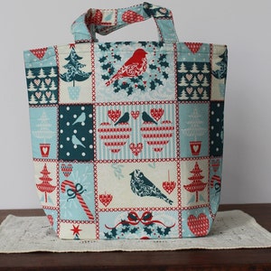 Holiday Fabric Gift Bag/Small Craft Project Bag, Reusable, Flat Bottom: Cross-Stitch Pattern with Birds, Trees, Candy Canes & Hearts