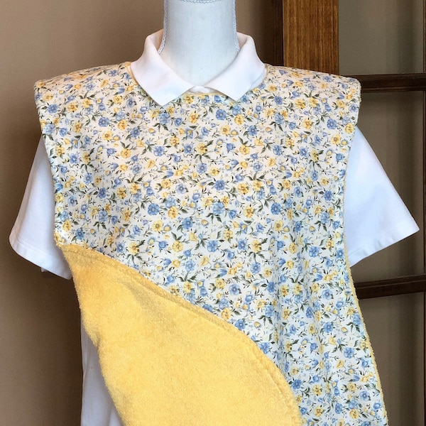 Adult Bib, Reversible, Special Needs, Senior Shirt Protector: Cotton Blue & Yellow Flowers with Yellow Terry Towel (Bib#229)