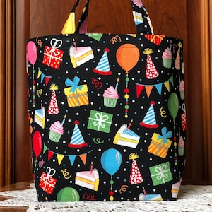 Fabric Birthday Gift Bag/Small Tote/Loot or Party Favor Bag, Reusable and Handmade: Birthday Party Hats and Balloons on Black