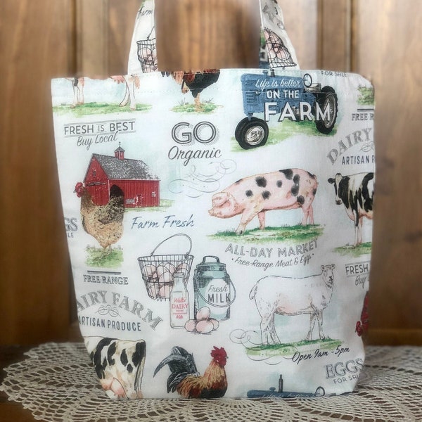 Small Tote Bag, Gift Bag, or Kids Play Kitchen Grocery Bag, Handmade, Fabric & Reusable:  Life is Better on the Farm, Organic, Cows, Pigs