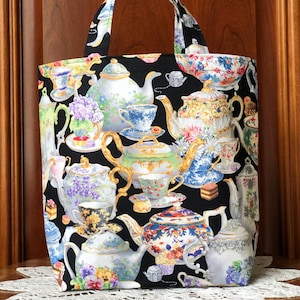 Tea Lover Gift Bag, Handmade Fabric Reusable Small Bag/Tote/Craft Project Bag: Tea Pots, Cups and Saucers with Dessert Foods on Black