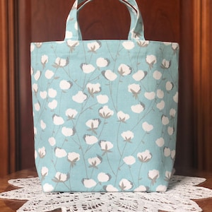 Handmade, Cotton Canvas, Fabric, Reusable, Small Bag/Tote Bag/Gift Bag/Craft Project Bag:  Cotton Stems on Robins Egg Blue