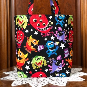 Monster Birthday, Kids Gift Bag/Small Tote/Loot or Party Favor Bag, Reusable and Handmade: Colorful Monsters Eating Birthday Cake
