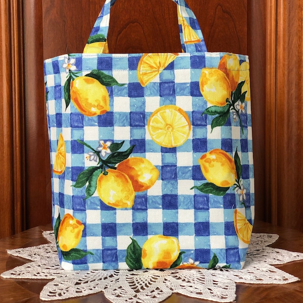 Small Cotton Canvas Fabric Tote Bag with Handles for Gifts, Snacks, Small Books or Craft Projects: Lemons on Blue Picnic Gingham Print