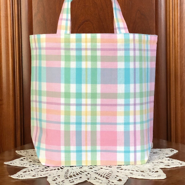 Handmade, Fabric Gift Bag, Small Tote with Handles, Perfect for Baby or Easter, Reusable: Pastel Plaid