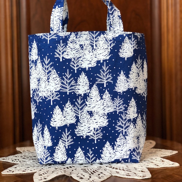 Winter or Christmas/Holiday Fabric Gift Bag/Tote Bag/Loot Bag: Handmade, Reusable, Flat Bottom - White Snow Covered Trees on Blue