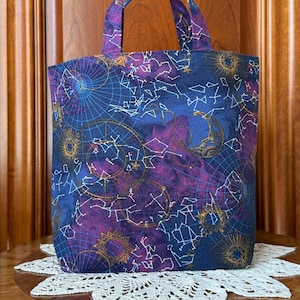 Celestial Bag, Handmade, Small Fabric Gift Bag with Handles and Flat Bottom: Constellations, Night Sky, Sun, Moon, Stars, Zodiac, Astronomy