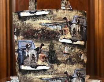 Tote Bag with Handles for a Man, Gift Bag, Loot Bag, Reusable, Fabric and Handmade: Field Hunting Dogs with Old Truck