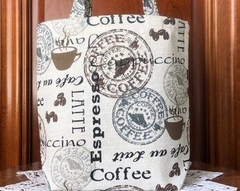 Bolsa de regalo para amantes del café, hecha a mano, de lona de algodón, reutilizable, pequeña, con estampado de café, café con leche, capuchino y espresso.