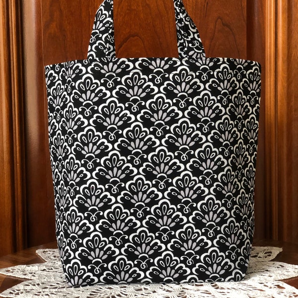 Fabric Gift Bag with Handles, Small Tote for Book Club, Sewing, Knitting or Crafts: Black, Grey & White Design, Cotton Canvas/Duck Cloth Bag