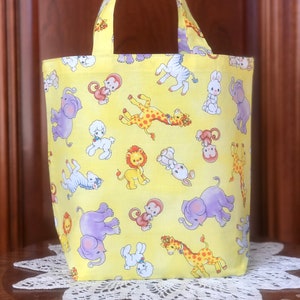 Baby Gift Bag/Small Tote, Reusable, Handmade, Fabric: Baby Animals on Yellow-Giraffes, Lions, Monkeys, Elephants, Zebras, Bunnies & Lambs