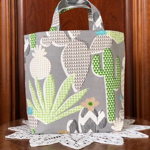 Handmade Fabric Reusable Small Bag/Tote Bag/Gift Bag/Craft Project Bag: Cactus Cotton Canvas Print