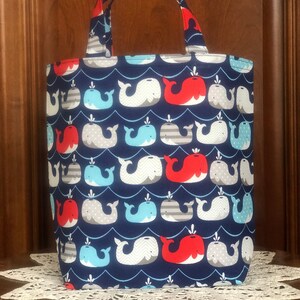 Handmade, Fabric, Baby Gift Bag or Small Tote, Reusable: Red, White and Blue Whales on Navy