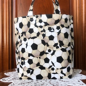 Small Soccer Ball Fabric Gift Bag with Handles, Tote, Party Favor Loot Bag, Snack Bag, Handmade & Reusable