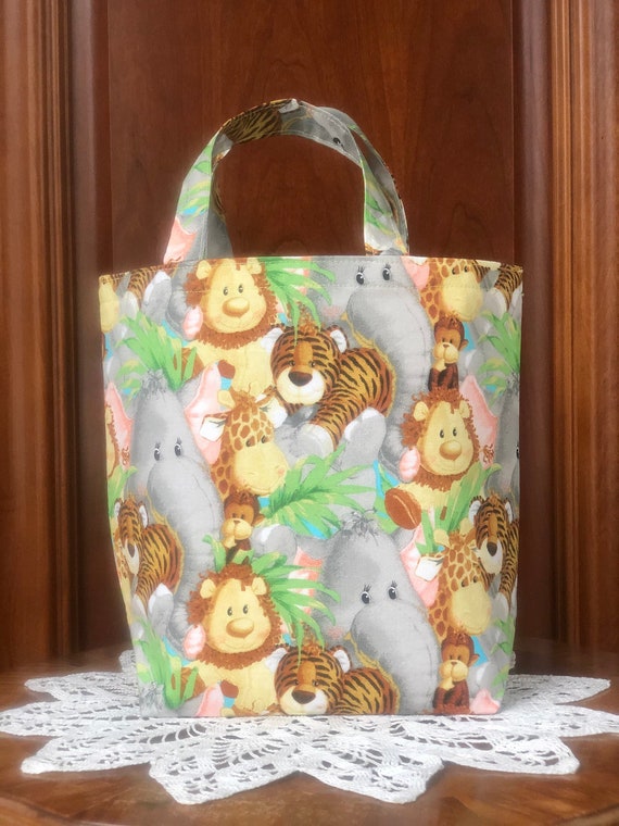 Handmade, Fabric, Baby Gift Bag or Small Tote, Reusable: Jungle Animal Print - Crowded Giraffes, Lions, Monkeys, Elephants & Tigers