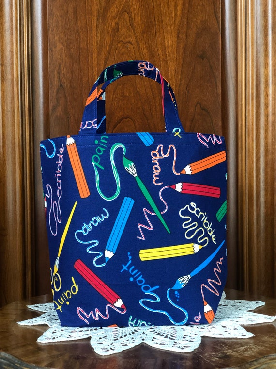 Kids Small Tote or Gift Bag, Handmade, Fabric Reusable for Art Supplies  or Snacks: Crayon, Colored Pencil and Paint Brush Print on Blue