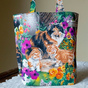 Handmade Fabric Reusable Small Bag/Tote Bag/Gift Bag/Craft Project Bag with Handles and Flat Bottom:  Cats and Kittens in Flower Garden