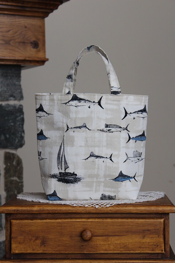 Small Fabric Tote Bag With Handles for a Man Use for Gifts Snacks or Small Books Fish and Sailboats Etsy Ireland