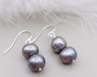 Boucles d'oreilles perle gris argenté - Perles d'eau douce - Boucles d'oreilles pendantes perle - Cadeaux pour elle - Boucles d'oreilles de mariée - Bijoux de mariée - Boucles d'oreilles en argent