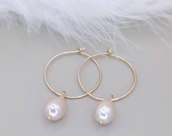 Handmade 14K Gold Filled Hoop Earrings | Pink Freshwater Pearls