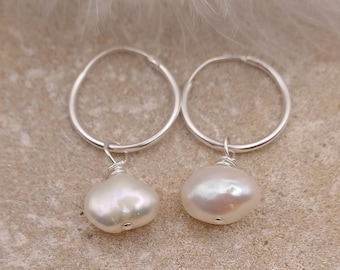Sterling Silver Hoop Pearl Earrings, Birthday Gift, Anniversary Gift, Pearl Earrings, Freshwater Pearls, Gift for Her, Mum Gift, silver hoop