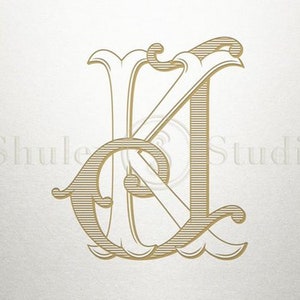 Puede incluir: Un diseño de monograma con las letras K e I en un estilo decorativo entrelazado. Las letras son de color dorado y tienen un aspecto vintage y ornamentado.